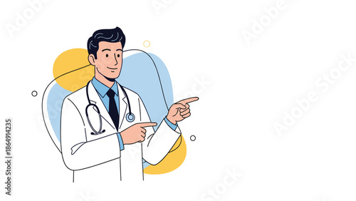 Friendly male doctor in a white lab coat and stethoscope smiling and pointing to the side with both hands.