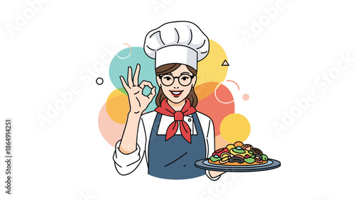 Smiling female chef in uniform and glasses making an OK hand gesture while presenting a freshly prepared dish.