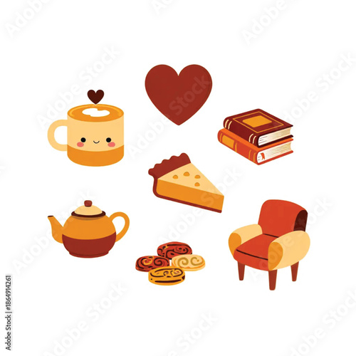 Cozy tea set with book, cake, and cookies in warm colors  