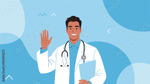 Friendly and handsome male doctor in a white coat with a stethoscope, waving hello against a blue abstract background.