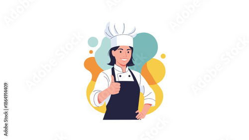 Happy female chef in a uniform and apron giving a thumbs-up gesture against a colorful abstract background illustration.