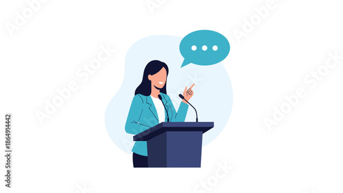 Businesswoman or politician standing at a podium and delivering an inspiring speech during a conference or presentation.