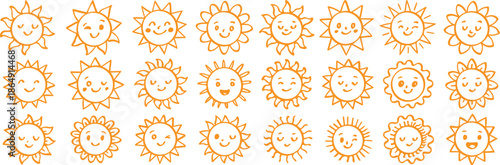 Collection hand drawn doodle suns. Cute smiling sun icons set, happy sunny faces isolated on white background.