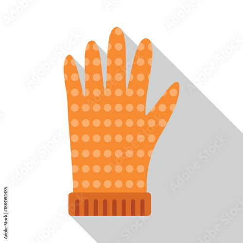 Orange rubber glove with a polka dot pattern and long shadow on white background