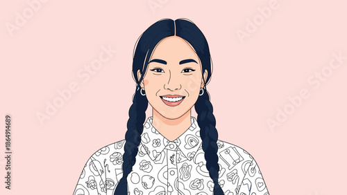 Portrait of a beautiful smiling young Asian woman with two braids, wearing a patterned shirt on a pink background.