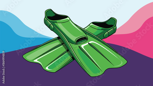 Illustration of a pair of green swimming flippers against a colorful, wavy abstract background representing water or a beach.