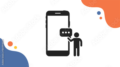 Minimalist icon of a person with a chat bubble standing next to a large smartphone, symbolizing mobile communication.