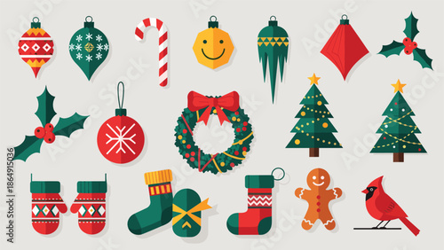 Large collection of flat design Christmas icons, including ornaments, a wreath, stockings, a gingerbread man, and a cardinal.