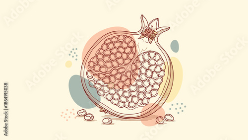 Hand-drawn sketch of a halved pomegranate with seeds, placed over abstract pastel-colored shapes for a modern artistic look.