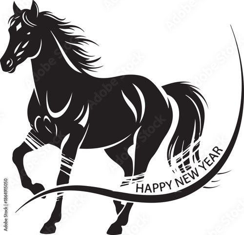 A bold black-and-white vector silhouette of a horse in mid-stride, featuring "HAPPY NEW YEAR" text integrated into a sweeping decorative curve that wraps around its hind leg.