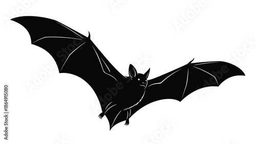 Simple black silhouette of a bat with its wings spread wide in mid-flight, isolated on a clean white background.