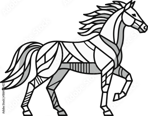 A stylized black and white vector of a horse using a stained-glass or mosaic aesthetic. Intricate geometric patterns and varied shading create a modern, artistic depiction of a trotting horse.
