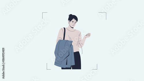 Young woman checking her smartwatch while carrying a backpack on a light blue background