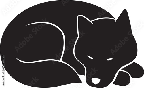A simple black silhouette of a curled up sleeping fox
