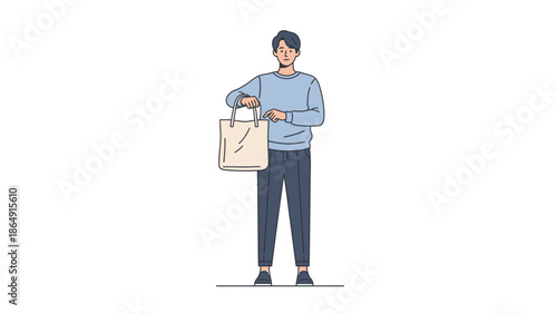 Young man holding reusable shopping bag demonstrating eco-friendly lifestyle