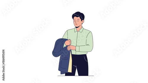 Young man in business casual attire holding jacket and smiling confidently