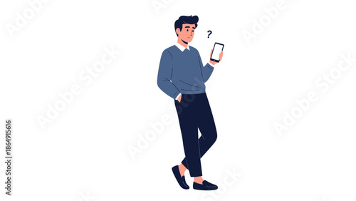 Young man holding smartphone with a questioning expression and a question mark