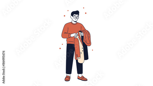 Young man organizing and folding clothes for laundry or wardrobe with a friendly expression