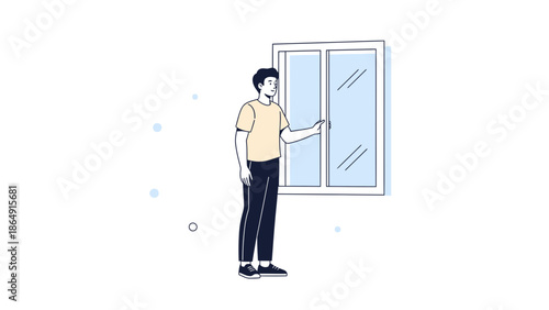 Young Man Opening a Window in a Modern Minimalist Interior Scene
