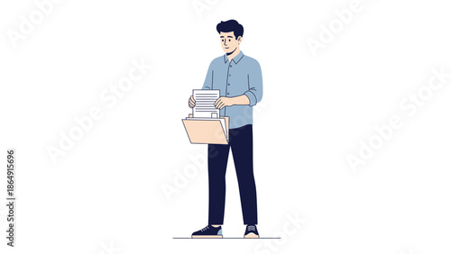 Young man organizing and stacking papers in a modern office environment with a focused demeanor