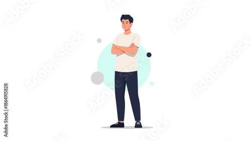 Young man standing confidently with arms crossed in casual attire on a plain background