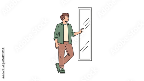 Young man standing next to a mirror in a minimalistic room with a casual outfit and relaxed pose