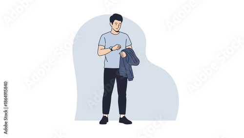 Young man standing outdoors checking his watch while holding a jacket in a casual setting