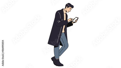 Young man standing outdoors engrossed in his smartphone while wearing casual clothing and a long