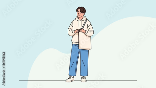 Young man standing outdoors in casual clothing, looking at his phone with a calm expression