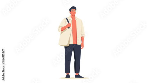 Young man standing outdoors with backpack wearing casual clothing in a minimalistic style