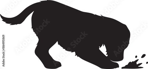 A black silhouette of a puppy curiously investigating something on the ground