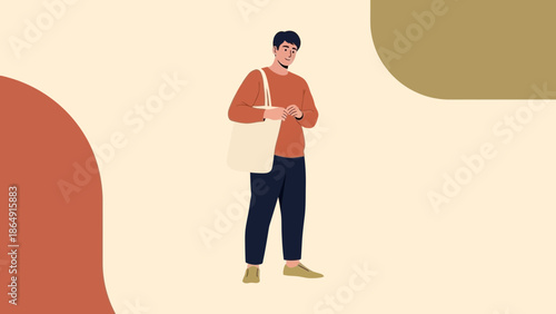 Young man standing with a backpack in a casual outfit on a minimalist background