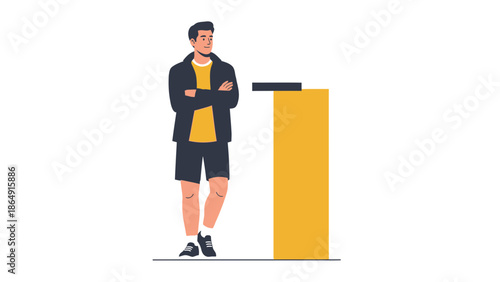 Young man standing with arms crossed and a book on a tall yellow pedestal in a modern illustration