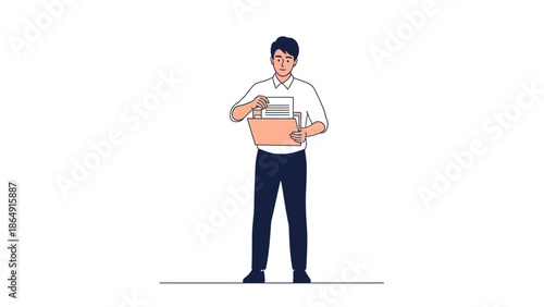 Young man standing with a pile of documents and a laptop in a minimalistic setting