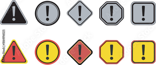 Warning signs with exclamation marks in various colors and shapes