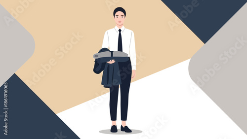 Young professional woman holding a laptop and blazer dressed in business attire standing against