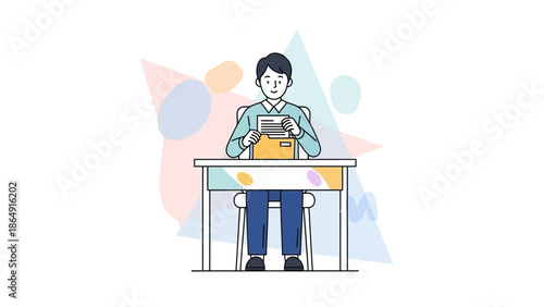 Young student sitting at desk engaged with homework or studying in a colorful abstract background