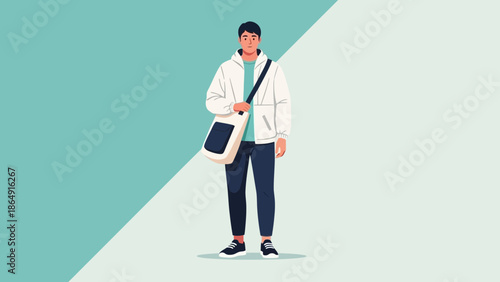 Young student with a backpack standing confidently against a dual-tone background