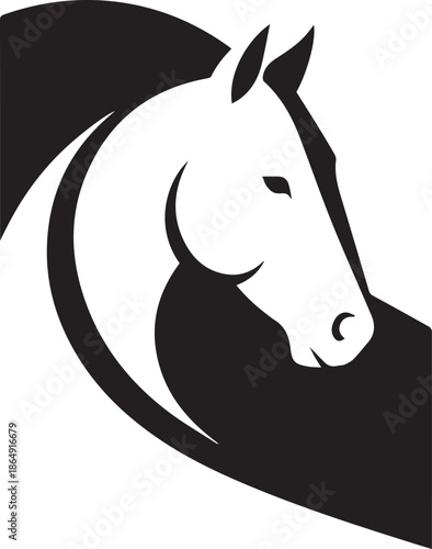A minimalist black-and-white vector illustration of a horse's head in profile, featuring bold, sweeping curves and high-contrast negative space to define its elegant features and powerful neck.