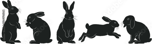 Easter day celebration with five happy rabbits silhouettes on white background