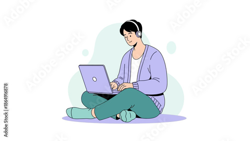 Young woman working on a laptop with headphones in a casual setting illustration