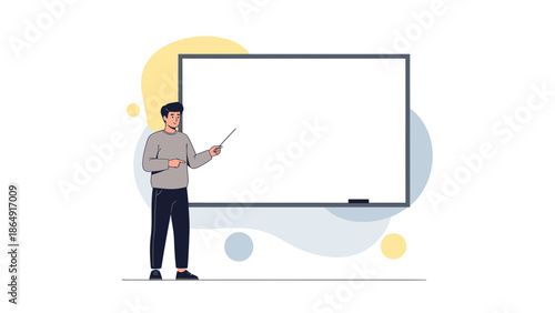 Illustration of a teacher explaining on a whiteboard in a classroom setting