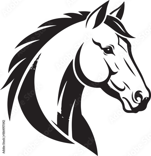 Powerful black and white vector illustration of a horse's head in profile, featuring a bold, spiky mane and strong, clean lines that create a dynamic and noble appearance.