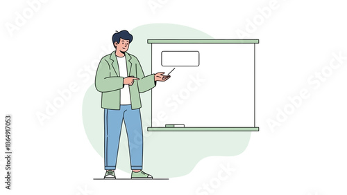 Illustration of a male presenter or teacher standing in front of a whiteboard giving a