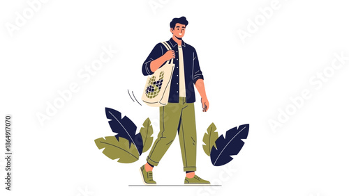 Young man with backpack walking outdoors amid large plants and lush greenery