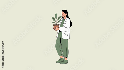Eco-friendly woman holding potted plant symbolizing nature and sustainability in a minimalistic