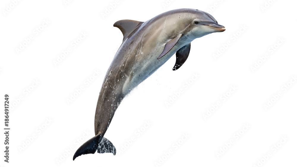 Fototapeta premium Dolphin jumps leaps above the water's surface isolated on transparent background cut out