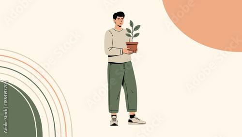 Young man holding a potted plant, promoting environmental awareness and sustainability concepts in