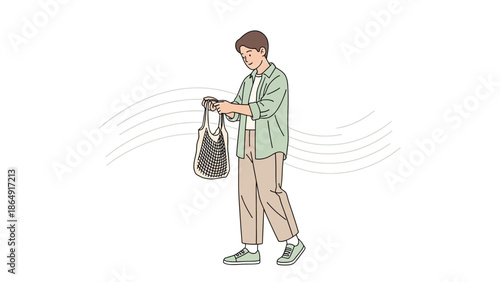 Young man browsing grocery store with reusable shopping bag photography style
