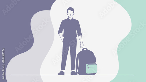 Young man with backpack traveling standing confidently in a modern abstract background